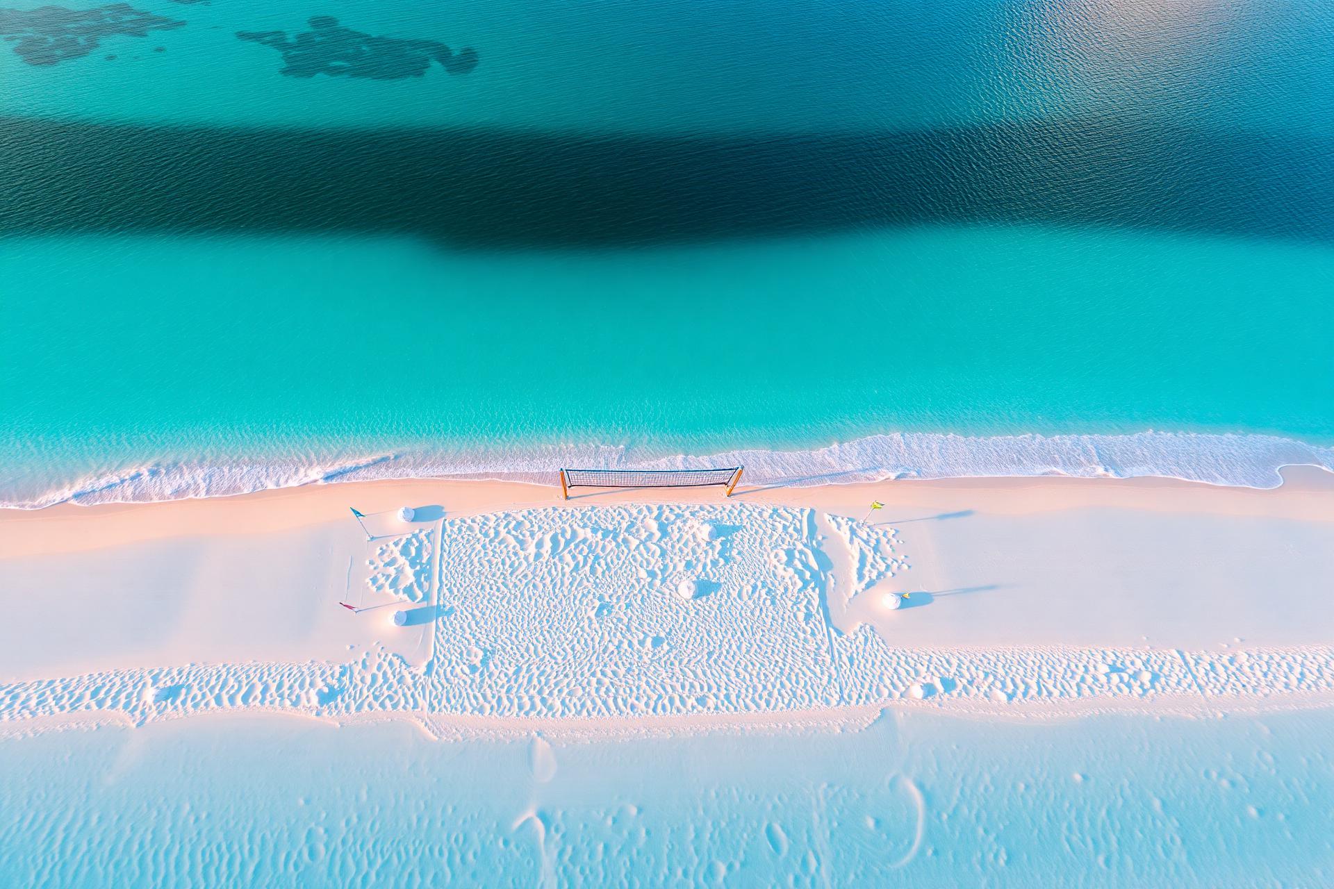 Aerial view of a beach volleyball court on a Great Barrier Reef beach